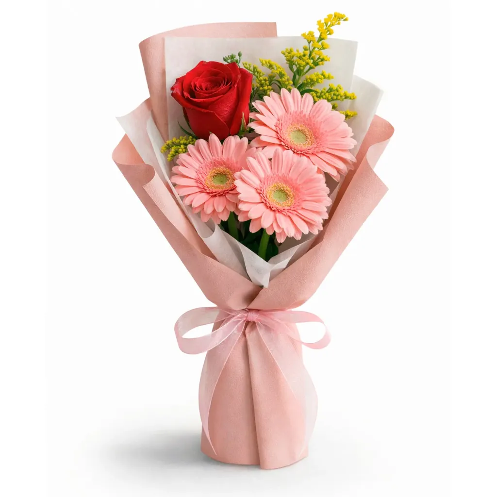 [260210_003] Arreglo floral, 3 gerberas, 1 rosa