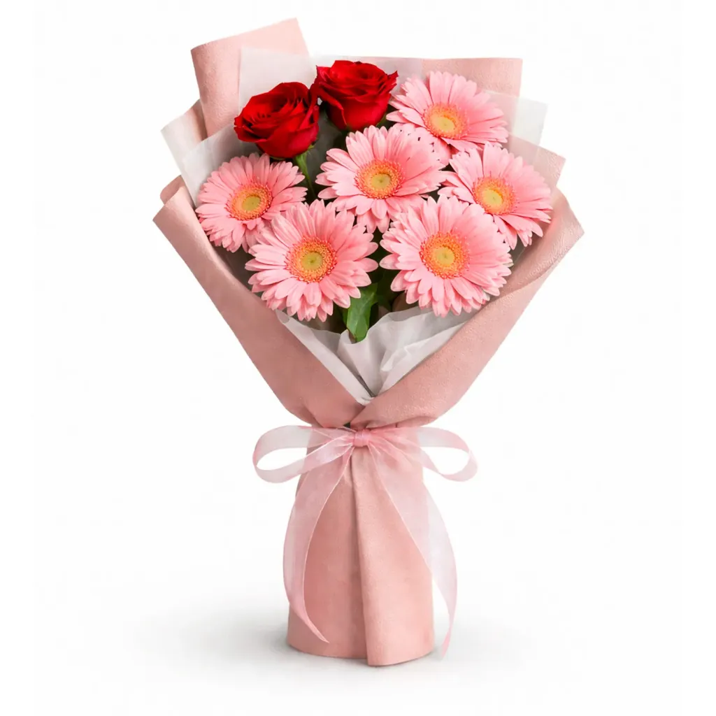 [260210_006] Arreglo floral, 6 gerberas, 2 rosa